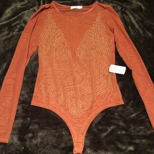 Long Slv. Mesh Bodysuit w/ Gold Studs